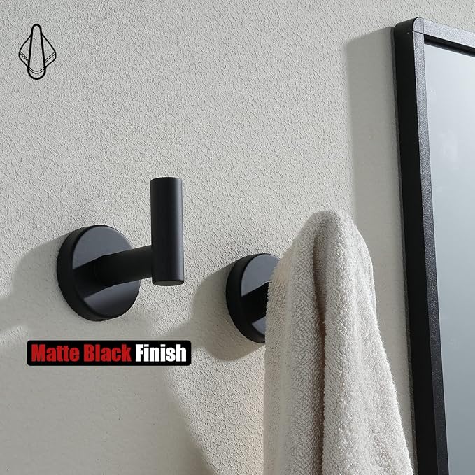 JQK Black Bathroom Towel Hook, Coat Robe Clothes Hook for Bathroom Kitchen Garage Wall Mounted (4 Pack), 304 Stainless Steel Matte Black, TH100-PB-P4