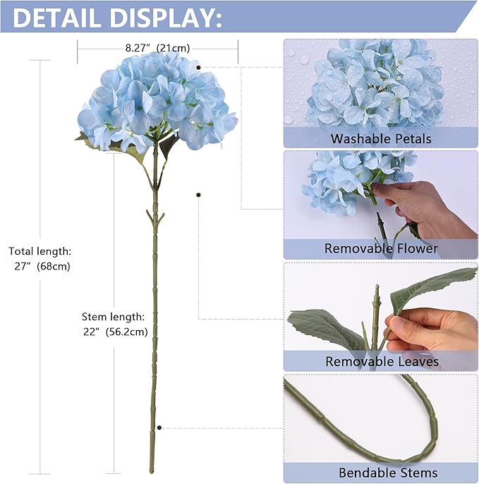 4 Pcs Long Stem Big Size Artificial Hydrangea Flowers for Home Wedding Decor, Party Centerpieces, Office Decoration,Shower (Sky Blue)
