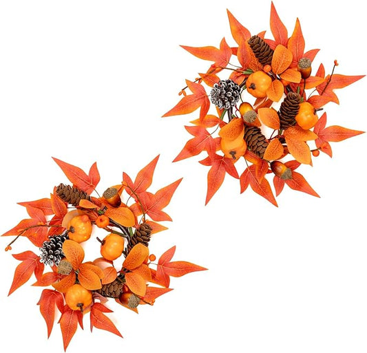 2 Pcs Mini Fall Orange Pumpkins and Maples Candle Rings Wreaths for Pillars Home Table Window Decor, 9" Artificial Flower Cabinet Wreath for Winter Kitchen Farmhouse Wedding Christmas Party & Gift