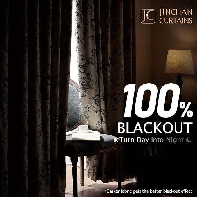 jinchan Blackout Linen Blend Curtain Floral Blackout Curtains for Living Room 120 Inch Length Black Printed with Lined Blackout Curtain for Bedroom Farmhouse Curtains Set 2 Panels