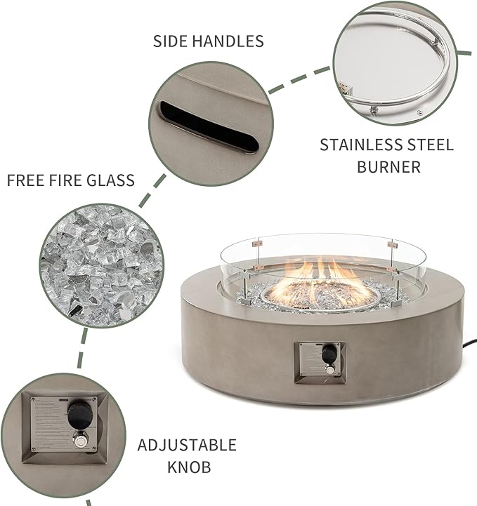 COSIEST Outdoor Propane Fire Pit Coffee Table w Gray 42 inch Round Base Patio Heater, Certified, 50,000 BTU Stainless Steel Burner, Wind Guard, Transparent Gray Fire Glass, Rain Cover