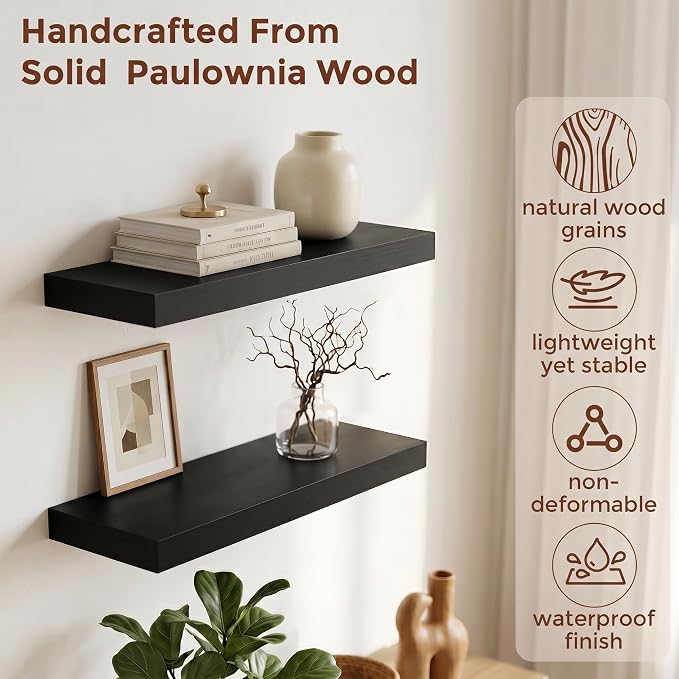 fuqing 20 Inch Floating Shelves | 6.7 Inch Deep Black Shelves for Wall Set of 2 | 20''W x 6.7''D x 1.4''H Black Wood Shelves for Living Room Bathroom Bedroom Kitchen Home Office