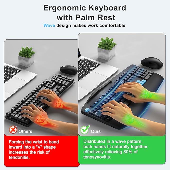 Wireless Keyboard and Mouse Combo, 2.4G Full Size Wave Keys Ergonomic Keyboard with Wrist Rest, Phone Holder, 3-Level DPI Wireless Silent Mouse with 6-Buttons, for Windows, Mac OS, Laptop (Blue Black)