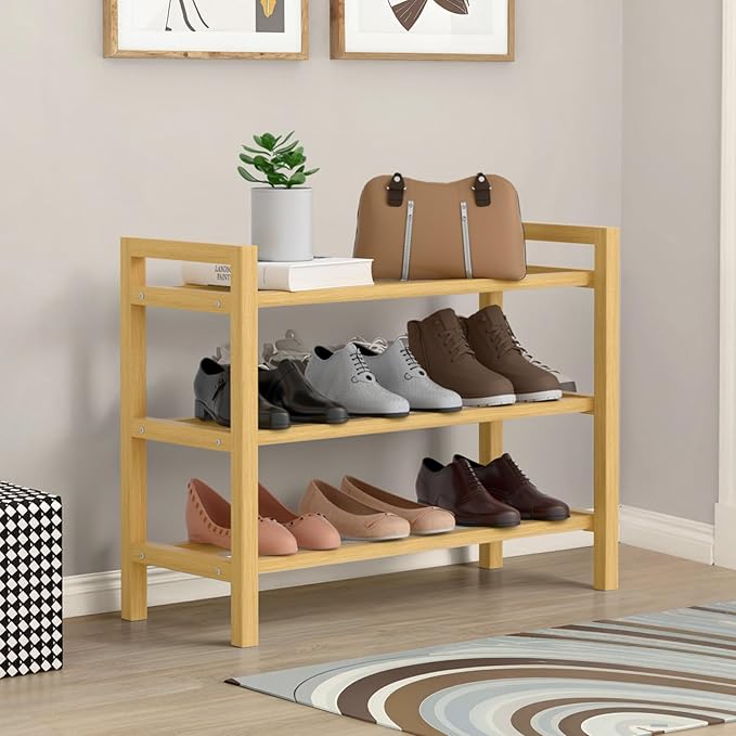 Haddockway Bamboo Shoe Rack for Closet, Free Standing Shoe Organizer with Smooth Round Rods & Convenient Handles, Stackable Shoe Storage Shelf for Entryway, Hallway(Natural, 3-Tier(Small))