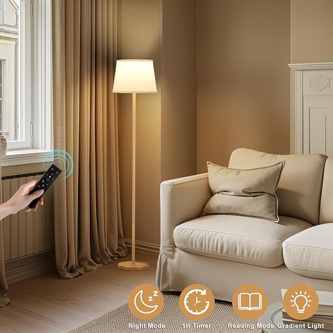 Raexpectis Floor Lamps for Living Room - Modern Gold Floor Lamp with Remote Control, Dimmable Colors Temperature Standing Lamp with LED Bulbs, Tall Lamp for Bedroom Office Kid Room - Brass Gold