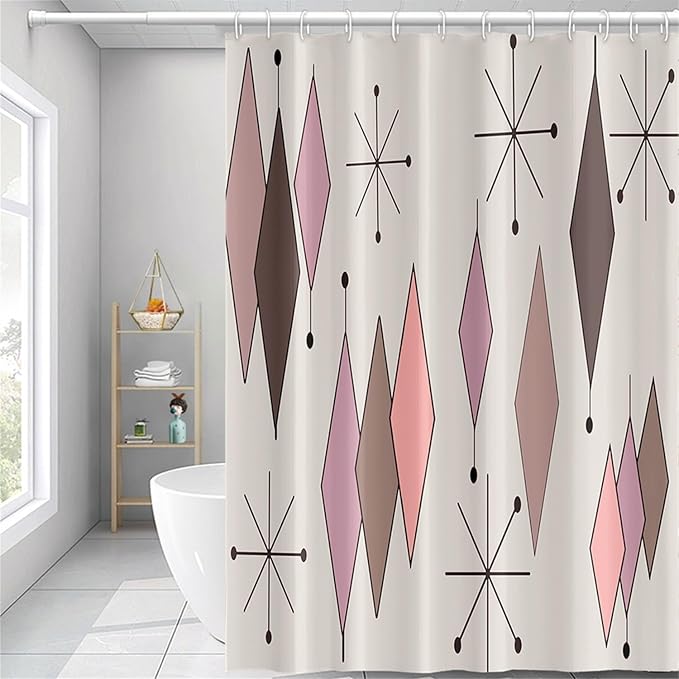 Mid Century Shower Curtain Vintage Abstract Pink Brown Diamond Geometric Atomic Starburst Pattern for 1950s Retro Bathroom Decor Accessories Shower Curtain Set with 12 Hooks, 72x96 Inches