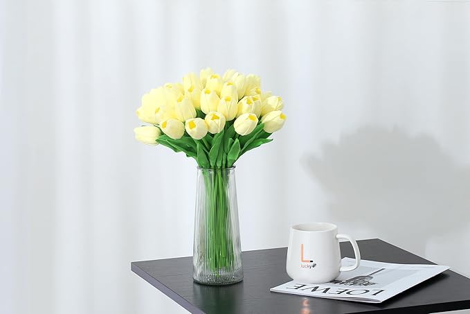 20pcs White Tulips Artificial Flowers Fake Silk Tulips Real Touch Flowers for Spring Kitchen Wedding Home Decor Arrangements Easter Decor 14 Inch