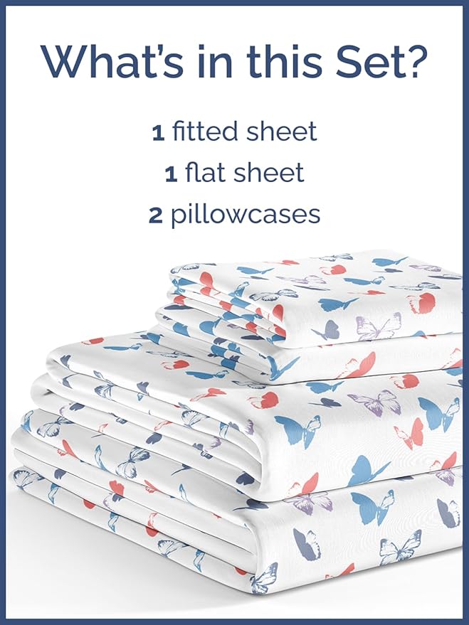 Kids Queen Size Butterfly Bed Sheets - 4 Piece Butterfly Sheet Set - Insect Themed Bedding - Soft, Cute & Cozy - Breathable & Machine Washable - Whimsical Bed Set for Boys, Girls, Teens and Toddlers