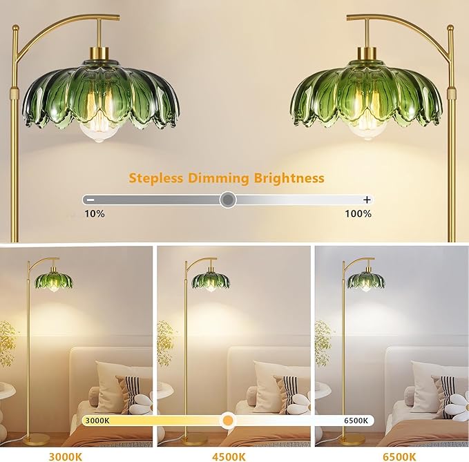 QIYIZM Glass Floor Lamp for Living Room,Bedroom,Gold Dimmable Standing Lamp with Remote,Mid Century Modern Brass Tall Lamp Boho Vintage Retro Floor Lamps Arc Green Flower Floor Light Lamp Bohemian