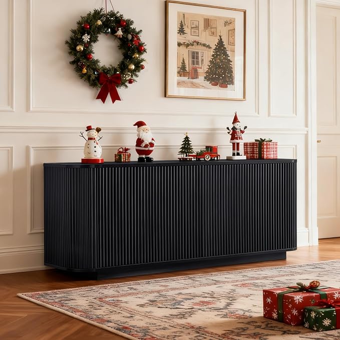 64" Buffet Sideboard Cabinet with Storage, Modern Fluted Accent Credenza with Adjustable Shelves, Wood Coffee Bar Console Table for Living Room Kitchen Dining Room Hallway, Black
