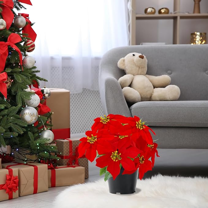 Poinsettia Flowers Artificial Red 14Inch Faux Christmas Poinsettia Plant Winter Flowers for Indoor Outdoor Xmas Ornament Porch Home Garden Decorations
