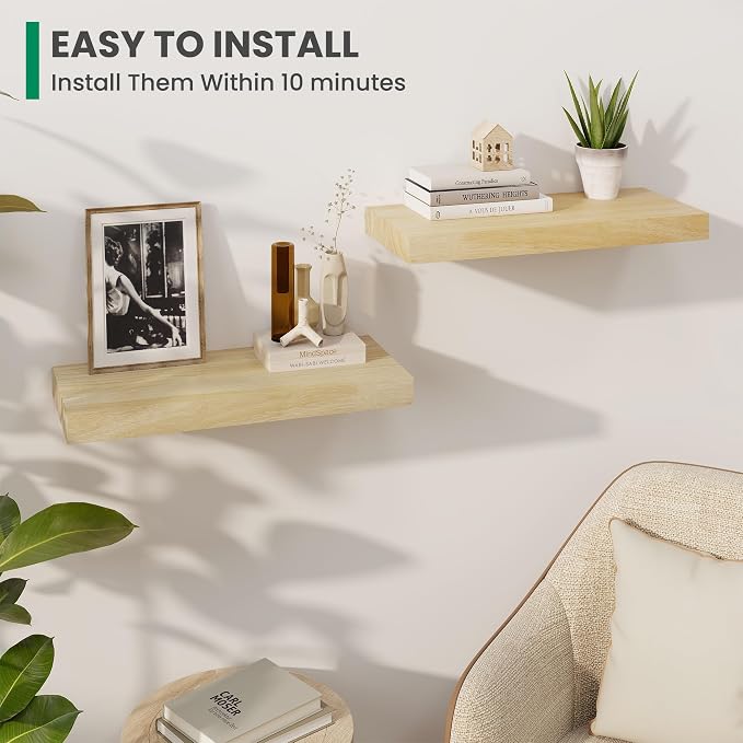 Wood Floating Shelves For Wall, 24”W x 9”D x 1.56”H Deep Wood Wall Shelves for Living Room Bedroom Bathroom Kitchen Drcor Storage with Invisible Heavy-Duty Metal Bracket, Natural Finish, Set of 2