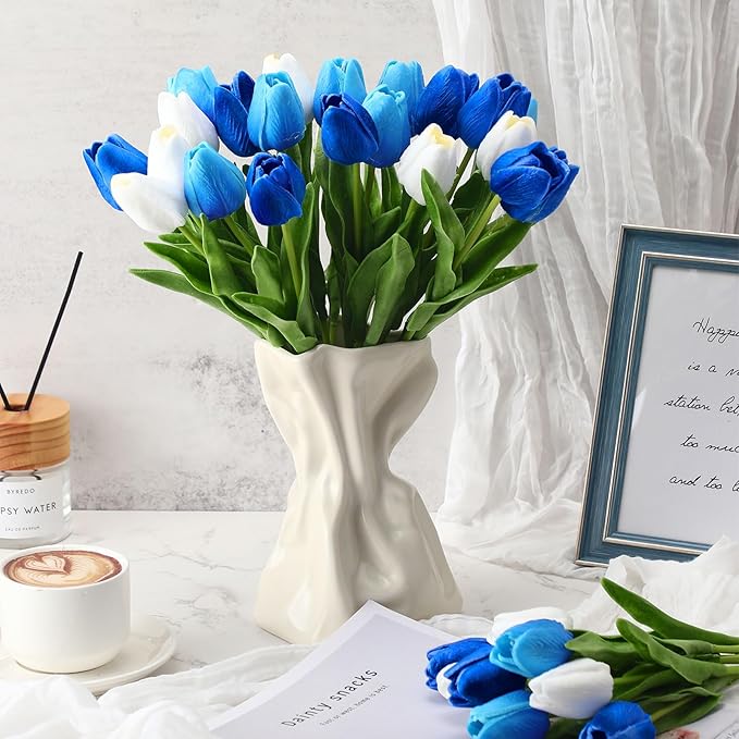 Janinka 100pcs Artificial Tulip Flowers Fake PU Tulips Faux Latex Bouquet Flower Centerpieces Arrangement Floral for Mother Day Wedding Spring Decorations (White,Light Blue,Royal Blue)