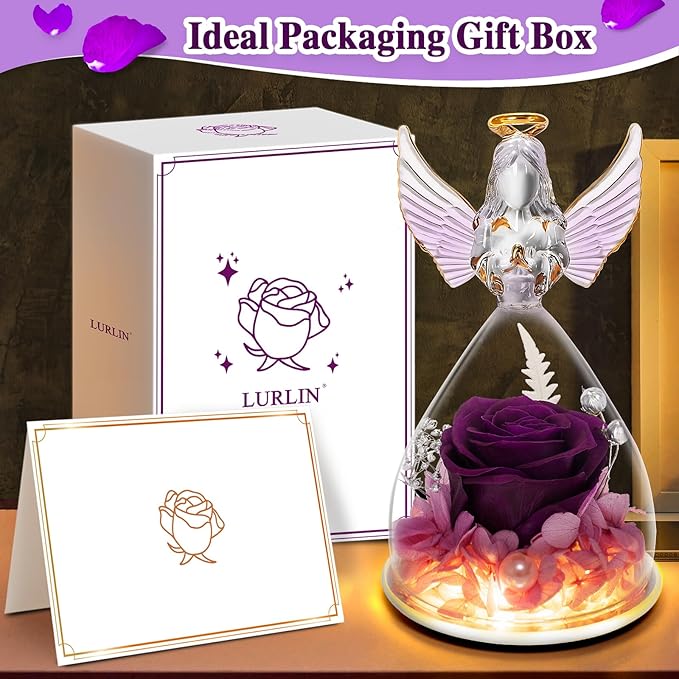 LURLIN Birthday Rose Gifts for Women, Preserved Flowers & LED Angel Figurines for Mom, Grandma, Wife, Friend, Teacher, Nurse & Anniversary Day Girls