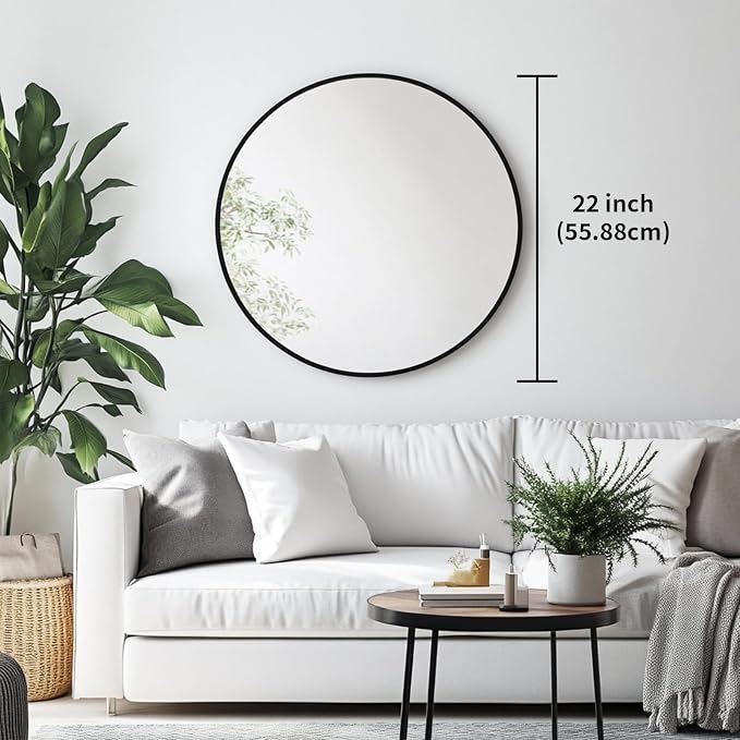 Oruii Black Circle Mirror, 22 inch Round Mirror Metal Frame, Black Bathroom Mirrors for Bedroom, Bathroom, Living Room, Over Sink, Rustic, Vanity