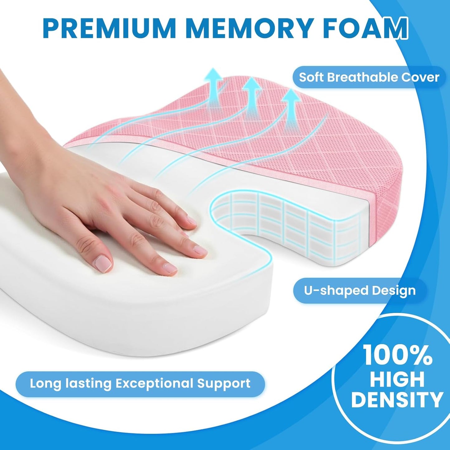 TushGuard Memory Foam Seat Cushion - Non-Slip Tailbone Pain Relief Pad for Office & Car | Pink, X-Large