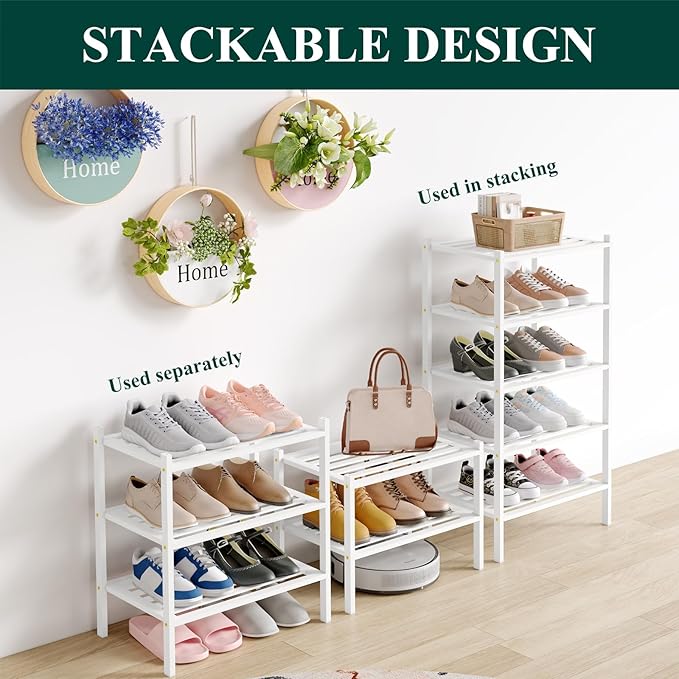 Smiry Small Bamboo Shoe Rack 2-Tier, Stackable Wooden Shoe Organizer for Entryway & Closet, Free Standing Wood Shoe Storage Shelf for Front Door & Small Spaces, White