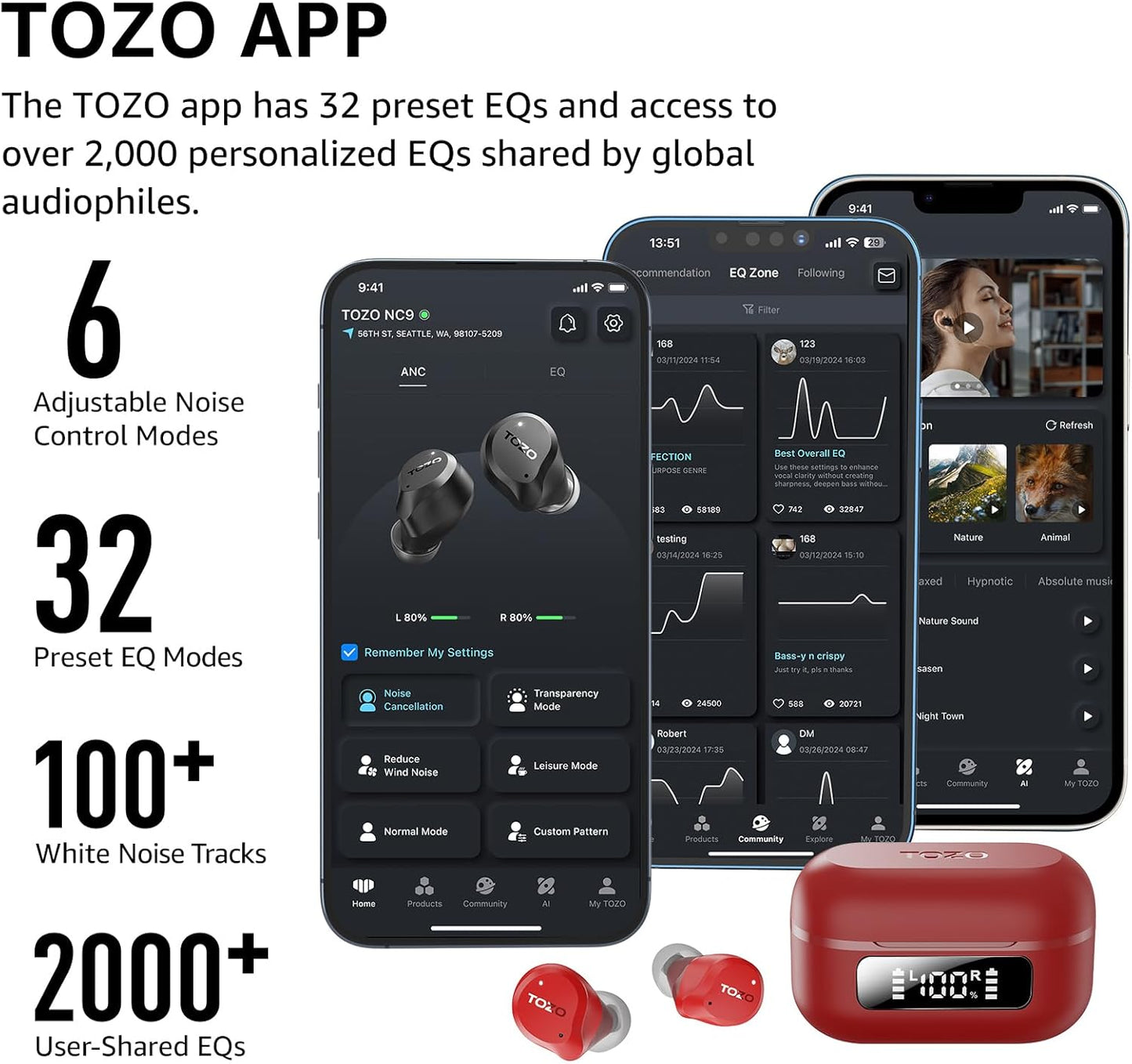 TOZO NC9 Wireless Earbuds - Hybrid Active Noise Cancelling, IPX8 Waterproof, 60H Playtime, Bluetooth 5.3