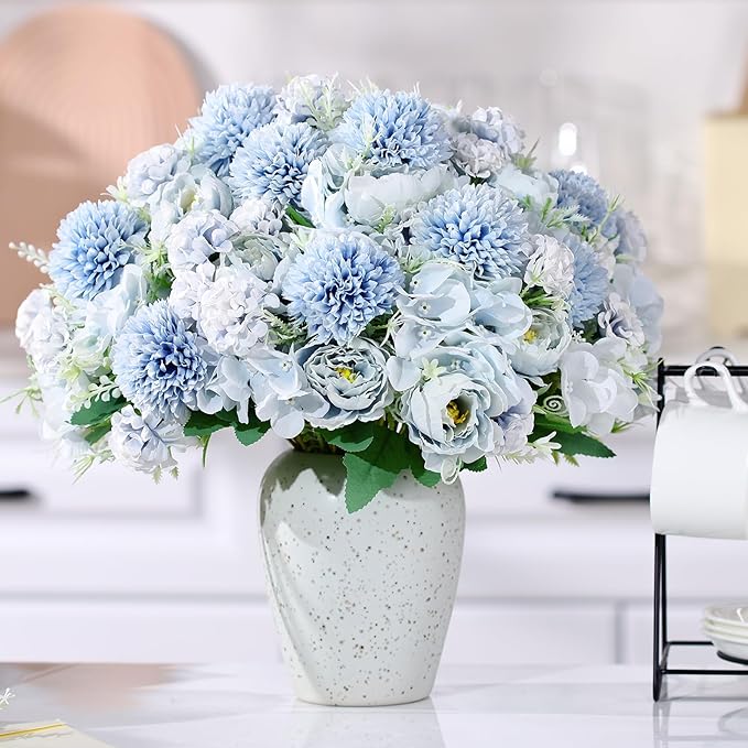Olgaa 12 Bundles Peonies Artificial Flowers Silk Flowers Fake Peony Bouquet Faux Peonies Flowers Bulk for Wedding Decor Centerpiece Table Decorations (Light Blue)