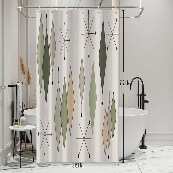 Boho Mid Century Shower Curtain Vintage Abstract Green Diamond Geometric Atomic Starburst Pattern for 1950s Retro Bathroom Decor Accessories Shower Curtain Set with 12 Hooks, 36x72 Inches