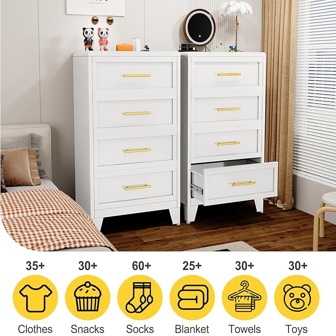 4 Drawers Tall White Dresser for Bedroom, 44.45" Metal Dressers & Chests of Drawers Curved Corner Design, Storage Organizer Drawer Chest with Large Capacity for Living Room, Entryway, Hallway