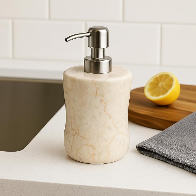 Creative Home Natural Marble Soap Dispenser with Stainless Steel Pump, Beige