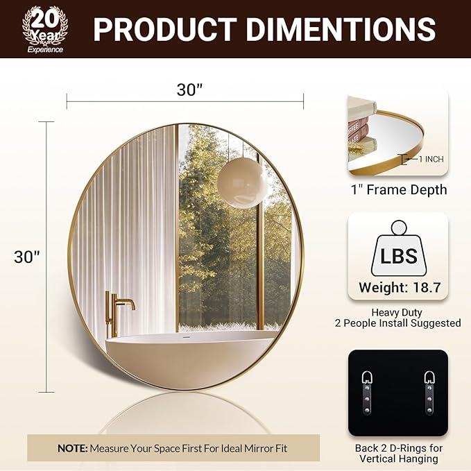 ANDY STAR Round Gold Mirror 30 inch, Brass Mirror with Brushed Gold Frame, Wall Mounted Stainless Steel Metal Frame Round Mirror for Bathroom, Living Room, Bedroom