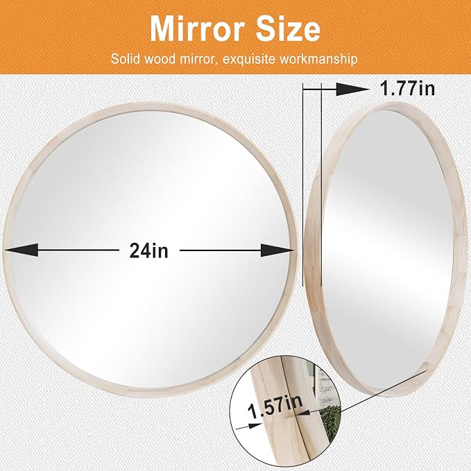 Natural Wood Round Mirror, 24 Inch - Wall Circle Mirror for Bathroom or Nursery Decor