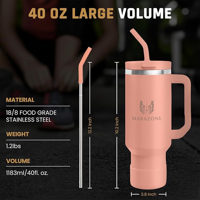40 oz Insulated Tumbler with Handle and Straw – Double Wall Stainless Steel Vacuum Cup | Car Cup Holder Fit | Hot Cold Travel Mug | BPA Free Reusable Water Bottle Gift for Her (Sunset Pink)