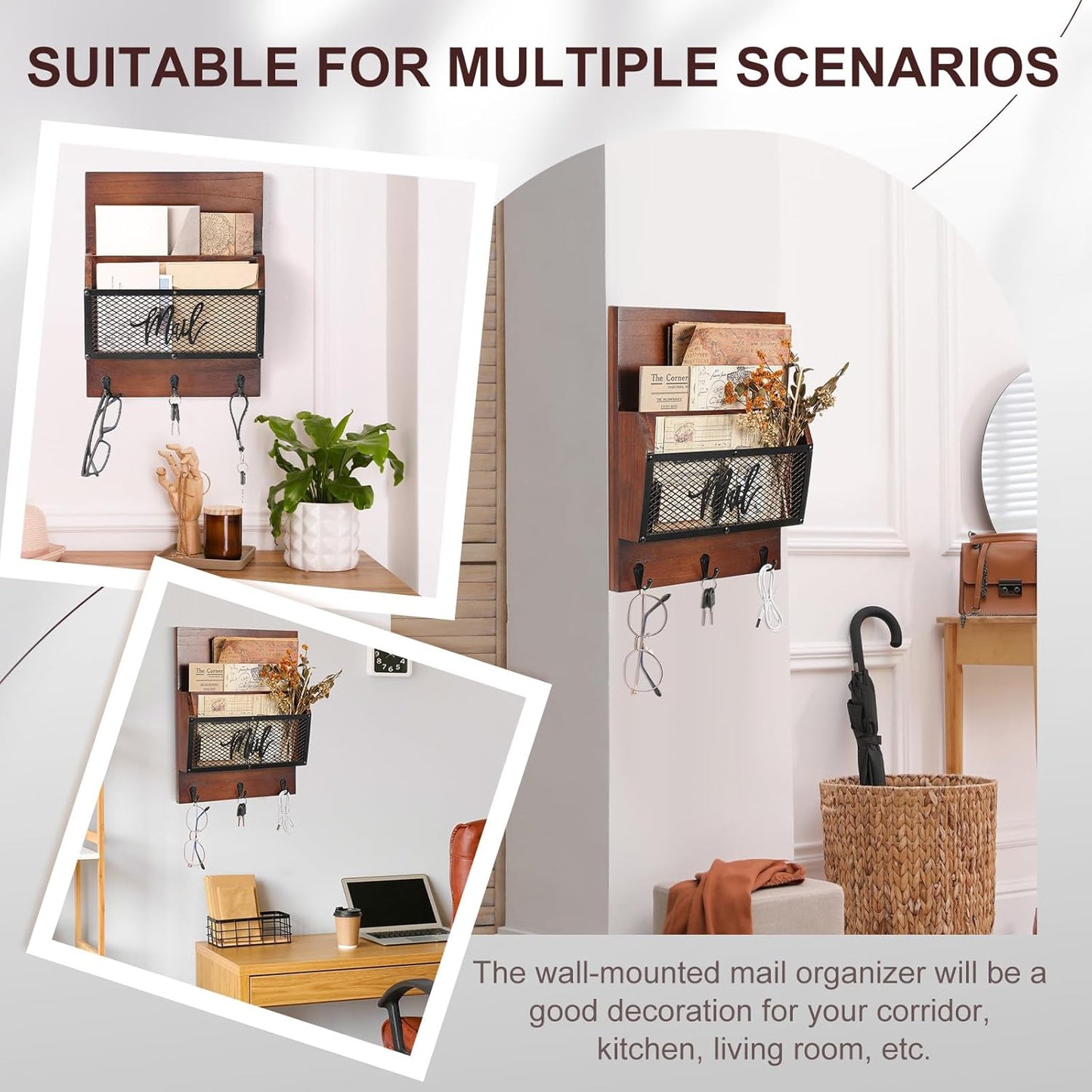 Yalikop Farmhouse Mail Organizer - Rustic Wall-Mounted Holder with 3 Hooks for Letters & Keys | Dark Brown