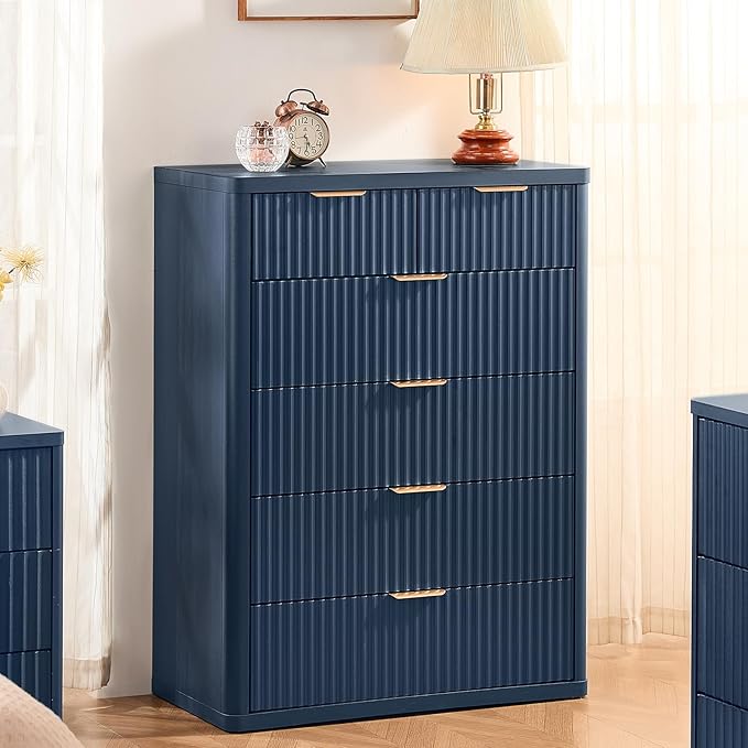 LEYAOYAO Fluted 6 Drawers Dresser for Bedroom, 42" Tall Modern Chest of Drawers with Metal Handle, Curved Profile Design,Navy Blue Wood Drawer Organizer for Bedroom, Living Room, Hallway, Entryway