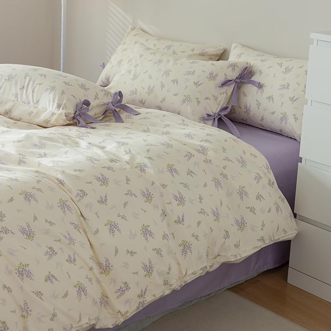Floral Comforter King Size Fluffy Floral Comforter Set for Girls Women Purple Flower Leaves Bedding Comforter Set 1 Flower Lilac Comforter with 2 Bow Ties Pillowcases All Season King Comforter Set