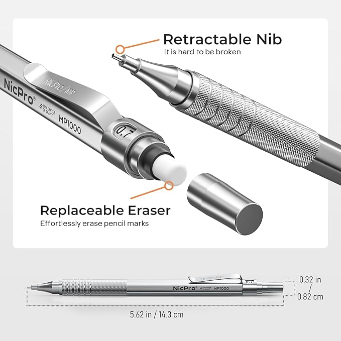 Nicpro 2 PCS Mechanical Pencil 0.5mm & 0.7 mm with Case, MP1000 Metal Artist Pencil Set with 4 Tubes HB Lead Refills, 2 Erasers, 9 Eraser Refills For Art Writing Drafting, Drawing, Sketch, Silver