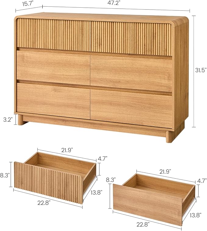 AOGLLATI Mid Century Modern 6 Drawer Dresser for Bedroom, 47" Wide Wood Fluted Double Dressers & Chests of Drawers with Curved Profile Design for Bedroom,Wood