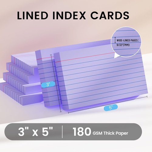 Index Cards - 3x5 Inch Ruled Purple Flash Cards | 300 Sheets for Studying & Organization