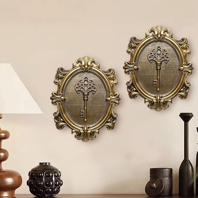 Vintage Key Wall Sculptures 2 Pack Antique Wall Decor Hallway Wall Art for Home Hand Painted Decoration with Embossed Key Design Vintage Decor for Living Room Bedroom Gallery Unique Gifts (Gold keys)