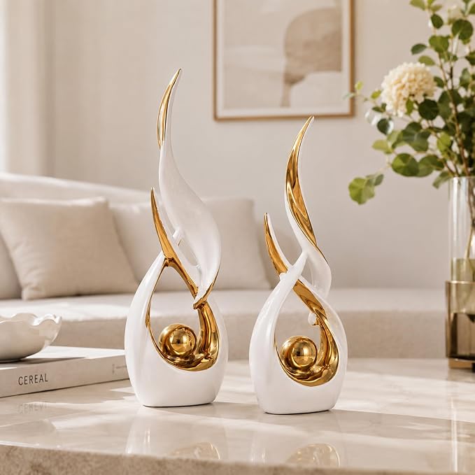 2 PCS White Gold Ceramic Statues For Home Decor Accents, Modern Abstract Art Sculptures, Elegant Tabletop Decorative Objects For Dining Room, Entryway, Tv Stand, Mantel, Coffee Table Centerpieces