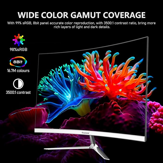 Gawfolk 24.5 Inch Gaming Curved Monitor Built-in Speakers, 3000R 120Hz White PC Screen Full HD 1080P, HDMI 2.0, VGA, Wall Mount Compatible 75 * 75mm