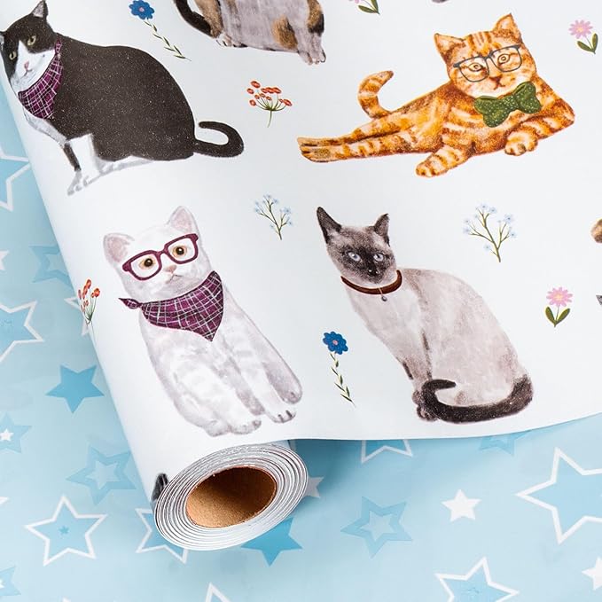 Burymento White Lovely Cat Wrapping Paper, Reversible Blue Star Gift Wrap for Birthday, Valentines, Mothers day, Graduation, Wedding, Fathers day, Baby Shower, Christmas (17in x 16.4ft)