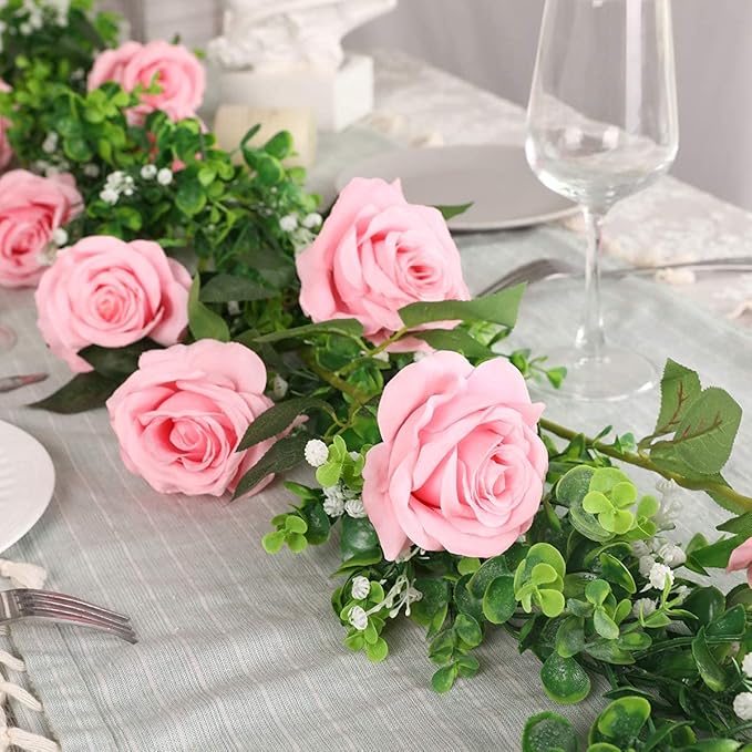 Kisflower 12 Pcs Pink Roses Artificial Flowers with Stems Silk Roses Fake Rose Realistic Flower Bouquet for Wedding Party Office Home Decor (Pink)