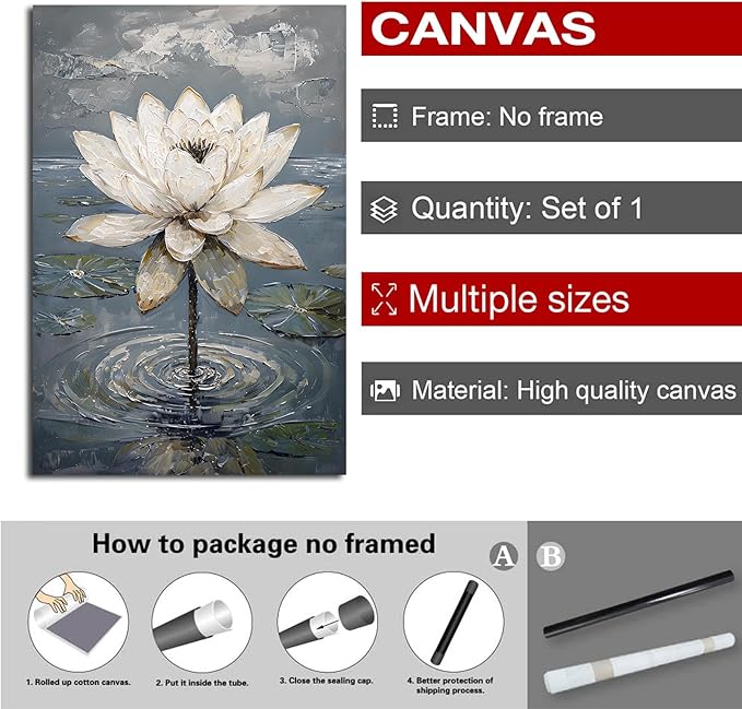 Stunning white lotus emerges from prismatic water with delicate petals background Serene aquatic wall art suitable for modern minimalist decor 16x24in Frameless