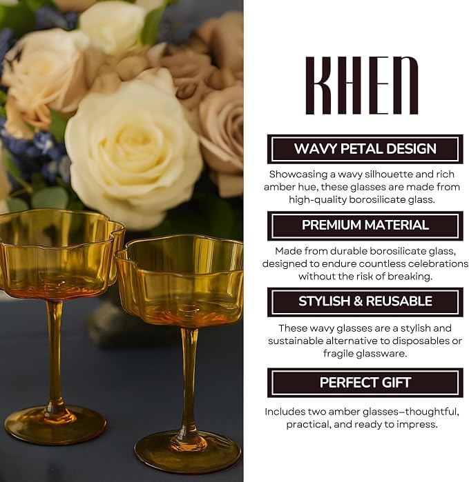 Flower Scalloped Vintage Wavy Petals Wave Glass Coupes 7oz Colorful Martini, Champagne & Cocktails, 2 Set Amber Rippled Champagne Glasses, Elegant Bar Glassware, Unique Aesthetic Coupe Glassware Gifts