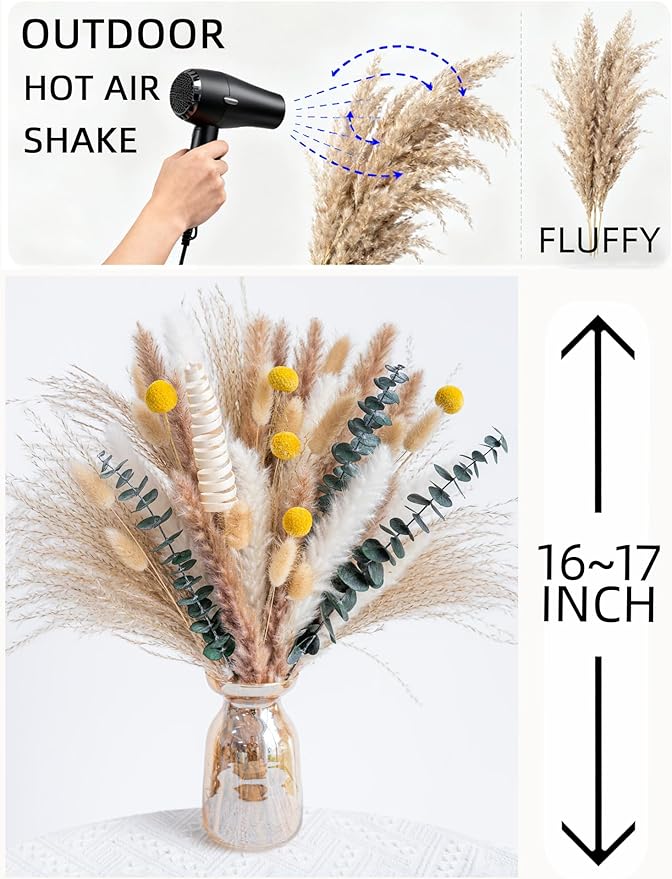 Pampas Grass Boho Decor Bouquet - Natural Dried Flowers Including Billy Balls,Eucalyptus,Bunny Tails Grass,Multi-Scene Decor for Home/Wedding/Living Room/Entryway | Versatile Ins-Style Home Ornament