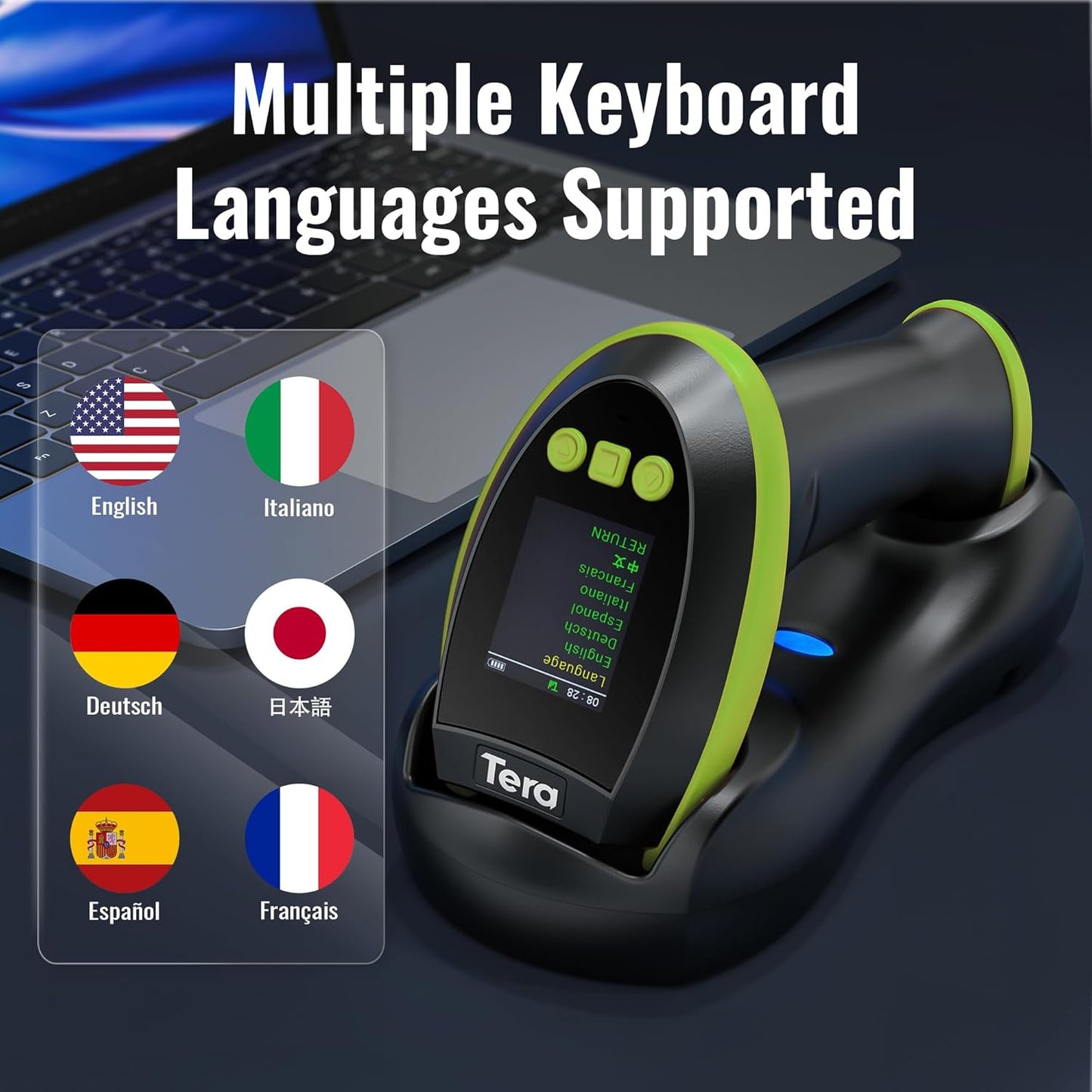 Tera Wireless Barcode Scanner - Pro 1D/2D QR Reader with Screen & Charging Cradle | Green