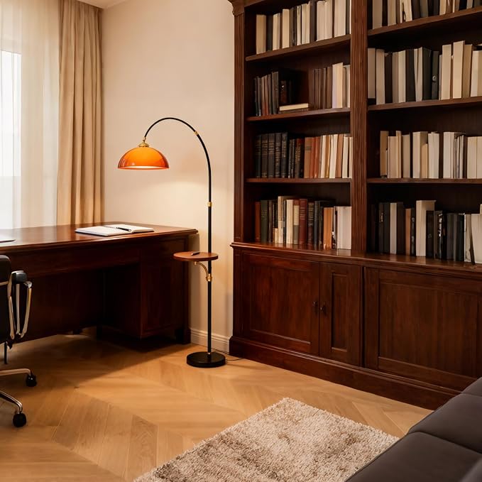 MIXL-Black Arch Floor Lamp with Wood Table,2-Tier Shade Over Couch Curved Floor Lamp,Unique Ambient Lighting,Mid Century Modern Standing Light for Office Nursery