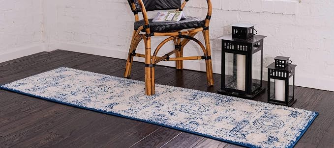 Unique Loom Bromley Collection Area Rug - Wells (2' x 6' 9" Runner, Ivory and Blue/ Ivory)