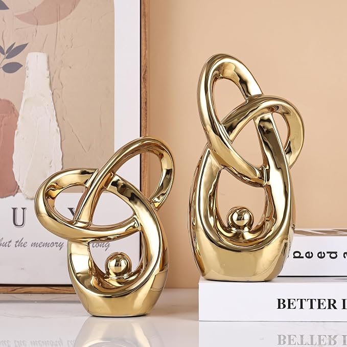 Gold Modern Abstract Art Home Decor Accent,Statues Coffee Table Decor for Living Room,Table Centerpieces for Dining Room,Ceramic Sculptures and Gold Knick Knacks for TV Stand Decor