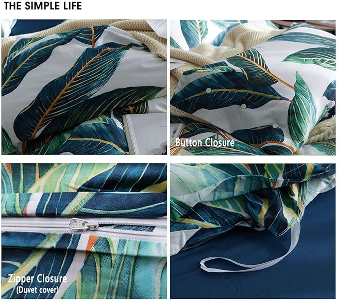 VM VOUGEMARKET King Duvet Cover Set Tropical Leaves Bedding Set,3 Piece Egyptian Cotton Green Quilt Cover with Zipper Closure,Reversible Vintage Printed Luxury Bedding Set-Tropical Leaf,King