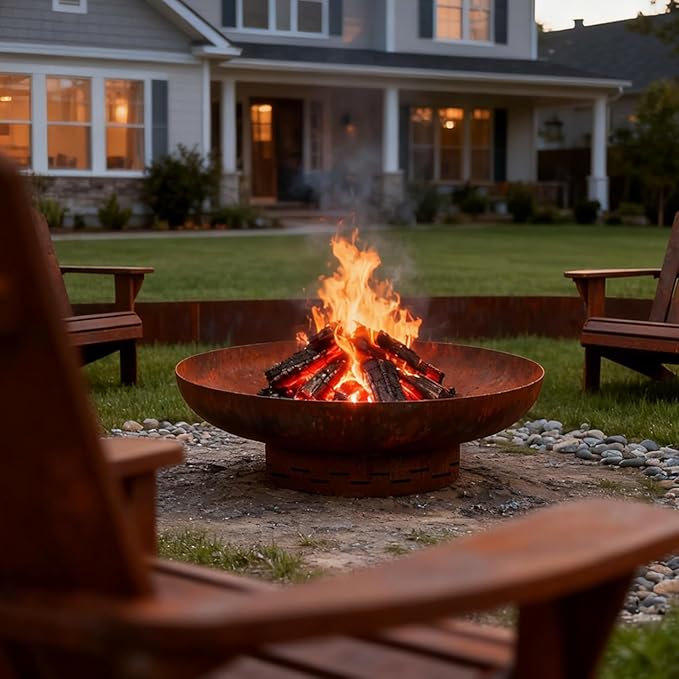 KOL Fire Pit for Outside Wood Burning, 27.5 Inch Round Firepit Bowl Outdoor and Patio, Heavy-Duty Steel Bonfire Pit Oxidized Finish, Free-Standing, Camping Backyard Terrace