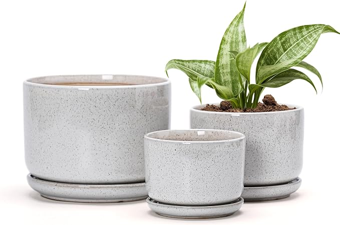 Ton Sin Plant Pots, 4.1+5.1+6.5 inch, Set of 3, Ceramic Planters with Drainage Hole and Saucer, Indoor Flower Pot with Drainage Hole, Gifts for Mom(Reactive Glaze White)
